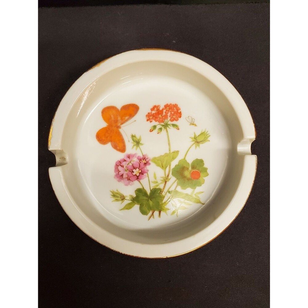 Vintage Porcelain Ashtray Floral Butterfly Gold Trim